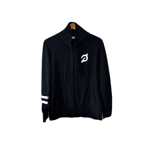 Peloton Legacy Cowl Neck Pullover Sweatshirt Black Silver White Stripe Size M - Picture 1 of 4